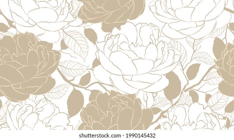 Floral vintage seamless pattern background. Hand drawn seamless luxury vector pattern. Peony line arts design for textiles, wallpaper, paper, backdrop, wedding, card. Vector Illustration