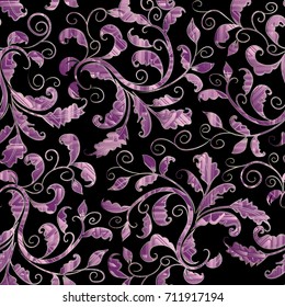 Floral vintage seamless pattern. Baroque purple ornament. Black background with ornamental violet hand drawn antique swirl scroll leaves and flowers. Luxury vector surface 3d texture.