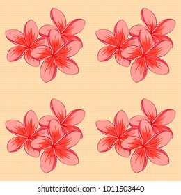 Floral vintage seamless pattern in beige, pink and orange colors. Cute vector plumeria flowers print. Vector illustration.