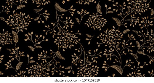 Floral vintage seamless pattern. Black and gold. Oriental style. Vector illustration art. For design textiles, paper, wallpaper.