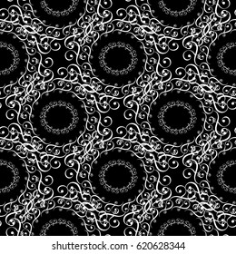 Floral vintage seamless pattern. Black background with line art white circle  flowers and antique ornaments. Vector monochrome texture for wallpapers, cloth design, fabric, paper, textile.