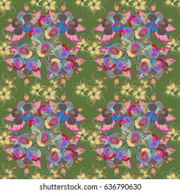 Floral vintage seamless pattern in blue and pink colors. Vector illustration.