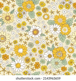 Floral vintage seamless pattern. Boho vector background. Hippie flower power retro textile print. Groovy botanical wallpaper