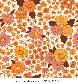 Floral vintage seamless pattern. Boho vector background. Hippie flower power retro textile print. Groovy botanical wallpaper