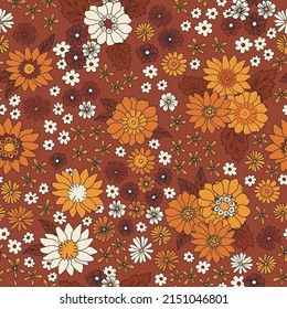 Patrón inoxidable de vintage floral. Fondo vectorial Boho. Impresión textil retro de la flor hippie. Papel mural botánico Groovy