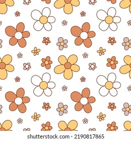 Floral vintage seamless pattern. Boho vector background. Hippie flower power retro textile print. Groovy botanical wallpaper.