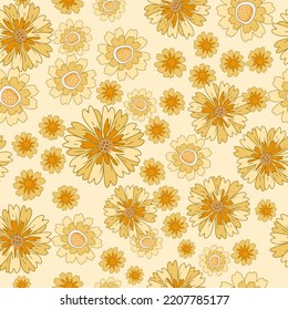 Floral vintage seamless pattern. Boho vector background. Hippie flower power retro textile print. Groovy botanical wallpaper