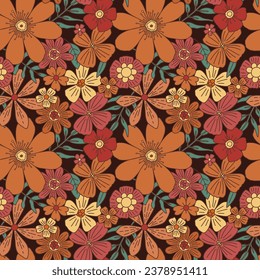 Floral vintage seamless pattern. Boho vector background with flowers and leaves.