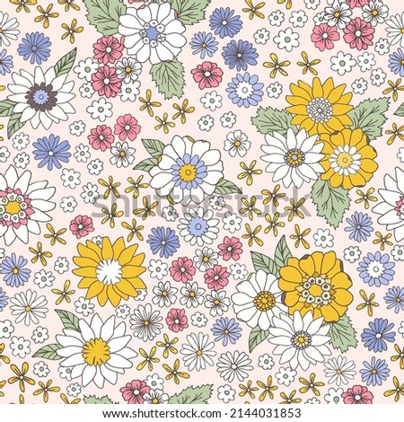 Floral vintage seamless pattern. Boho vector background. Hippie flower power retro textile print. Groovy botanical wallpaper 商業照片 © 