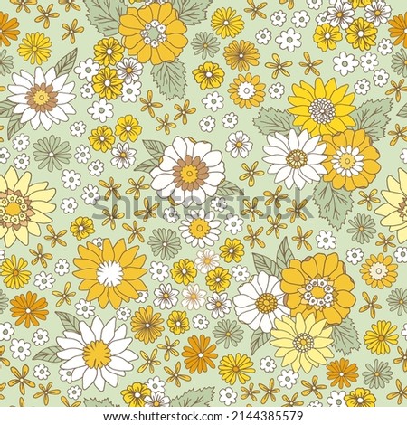Floral vintage seamless pattern. Boho vector background. Hippie flower power retro textile print. Groovy botanical wallpaper