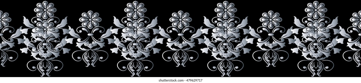 Floral vintage seamless pattern border background illustration with stylish decorative vintage white 3d flowers and ornament on the black background. Luxury endless texture.