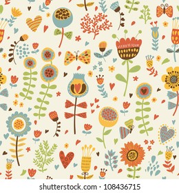 Floral vintage seamless pattern with butterflies