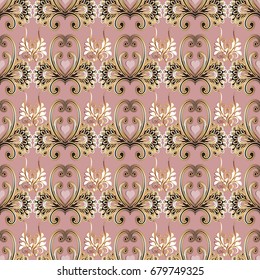 Floral vintage seamless pattern. Damask light pink  background wallpaper illustration with 3d gold flowers , swirl leaves, love hearts and antique luxury ornaments. Vector elegance texture for design 