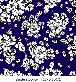 Floral vintage seamless pattern. Dark blue and white. Oriental style. Vector illustration art. For design textiles, paper, wallpaper.