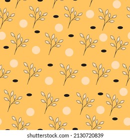 Floral vintage seamless pattern with elegant branches and blobs on a yellow background. Trendy vector illustration