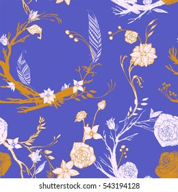 Floral vintage seamless pattern. Endless background, retro design wallpaper with flowers, feathers. Hand drawn vector illustration, engrave gold, separated editable elements under mask.