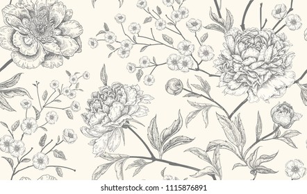 Floral vintage seamless pattern with flowers peonies. Oriental style. Vector illustration art. For design textiles, wrapping paper, wallpaper, clothes, interior, curtains, packaging. Black and white.