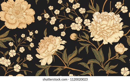 Floral vintage seamless pattern with flowers peonies. Oriental style. Vector illustration art. Template design for textiles, wrapping paper, wallpaper, clothes, interior, curtains, packaging. 