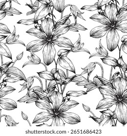 Floral vintage seamless pattern flowers of Clematis black and white. Hand drawn illustration. Vector background for design wedding, packaging, textile, wrapping paper, wallpaper, Fashion apparel
