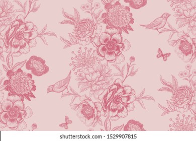 Floral vintage seamless pattern. Garlands of garden flowers, birds and butterflies. Beautiful garden peonies, branches and leaves. Red color. Vector illustration. Wallpaper, paper, textile template.