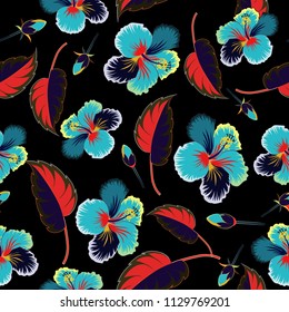 Floral vintage seamless pattern in gray, black and blue colors. Cute vector hibiscus flowers print. Vector illustration.