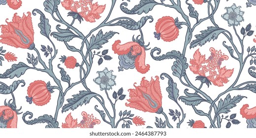 Floral vintage seamless pattern in Jacobean style for retro wallpapers. Enchanted Vintage Flowers. Chintz inspired. Design for wrapping paper, wallpaper, fabrics.