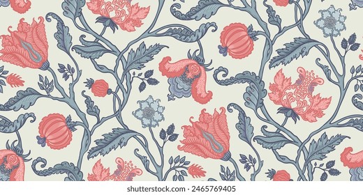 Patrón sin costuras vintage floral en estilo jacobeo para Fondos de pantalla retro. Flores de Antiguas encantadas. Chintz inspirado. Diseño para papel de envolver, Fondo de pantalla, telas.