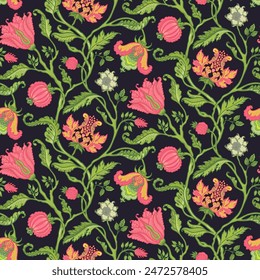 Floral vintage seamless pattern in Jacobean style for retro wallpapers. Enchanted Vintage Flowers. Chintz inspired. Design for wrapping paper, wallpaper, fabrics