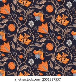 Floral vintage seamless pattern in Jacobean style for retro wallpapers. Enchanted Vintage Flowers. Chintz inspired. Design for wrapping paper, wallpaper, fabrics