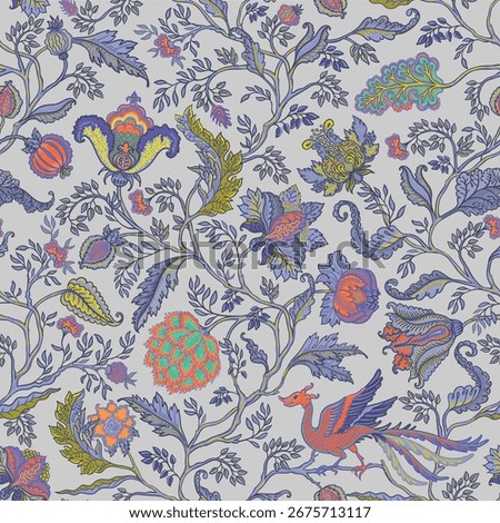Floral vintage seamless pattern in Jacobean style for retro wallpapers. Enchanted Vintage Flowers. Chintz inspired. Design for wrapping paper, wallpaper, fabrics, fashion