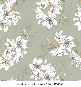 Floral vintage seamless pattern. Large white flowers on a gray background, vector endless texture for home and kitchen dough, bedding, fabric.