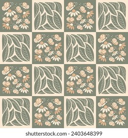 Floral vintage seamless pattern made of squares. Flat abstract hand drawn flowers, leaves and butterflies in contrast squares. Geometric trendy print design in vintage colors for textile, wallpaper,