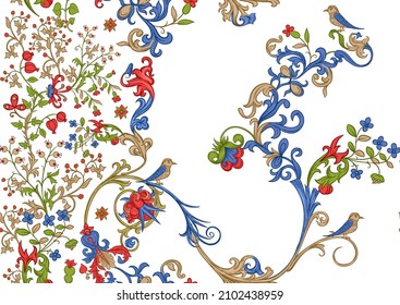Floral vintage seamless pattern. Medieval illuminati manuscript inspiration. Design for wrapping paper, wallpaper, fabrics and fashion clothes. Vector illustration. Isolated on white background.