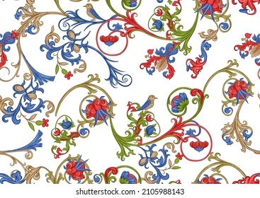 Floral vintage seamless pattern. Medieval illuminati manuscript inspiration. Design for wrapping paper, wallpaper, fabrics and fashion clothes. Vector illustration. Isolated on white background.