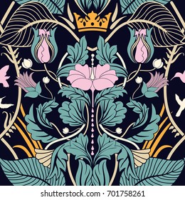 Floral vintage seamless pattern. Modern vector floral wallpaper. Art nouveau backdrop with crown and stylized plants. Design for fabric, textile, cover, wallpaper