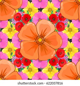 Floral vintage seamless pattern on a gray background. Cute vector cosmos flowers print. Vector illustration.