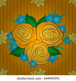 Floral vintage seamless pattern on a yellow background. Cute vector rose flowers and green leaves print. Vector illustration.
