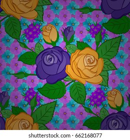 Floral vintage seamless pattern on a violet background. Cute vector rose flowers and green leaves print. Vector illustration.