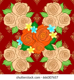 Floral vintage seamless pattern on a red background. Cute vector rose flowers and green leaves print. Vector illustration.