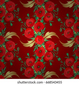 Floral vintage seamless pattern on a red background. Cute vector poppy flowers print. Vector illustration.