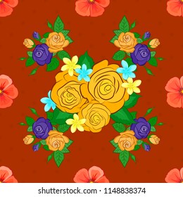 Floral vintage seamless pattern in orange, yellow and green colors. Cute vector rose flowers and green leaves print. Vector illustration.