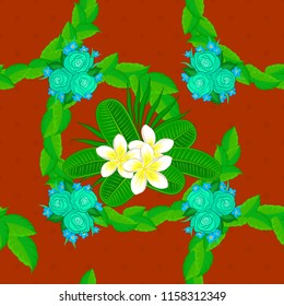 Floral vintage seamless pattern in orange, green and blue colors. Cute vector plumeria flowers print. Vector illustration.