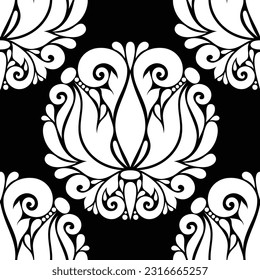 Floral Vintage Seamless Pattern in Paisley Style. Decorative Composition with Natural Motifs. Abstract Ornate Art. Complex Ornament. Vector Contour Illustration