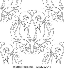 Floral Vintage Seamless Pattern in Paisley Style. Decorative Composition with Natural Motifs. Abstract Ornate Art. Vector Contour Illustration Coloring Book Page