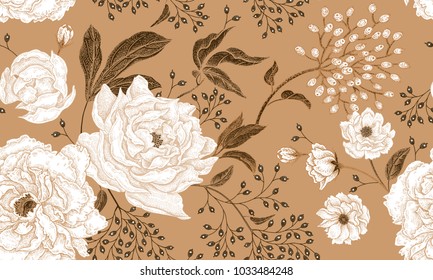 Floral vintage seamless pattern. Peonies and berries. White and gold. Oriental style. Vector illustration art. For design textiles, paper, wallpaper.