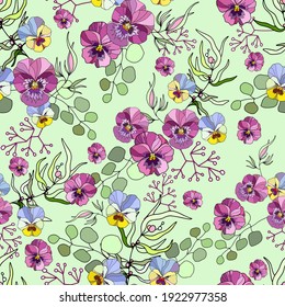 Floral vintage seamless pattern. Purple and green. Oriental style. Pansy background. Vector illustration art. For design textiles, paper, wallpaper.