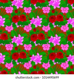 Floral vintage seamless pattern in red, green and pink colors. Cute vector rose flowers and green leaves print. Vector illustration.