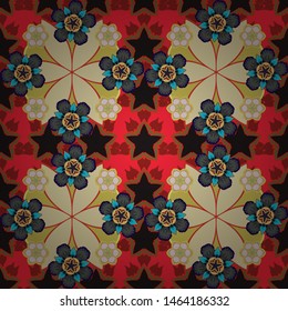 Floral vintage seamless pattern in red, green and beige colors. Vector illustration.