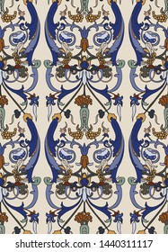 Floral vintage seamless pattern. Retro plants style. Vertical decorative flowers, modern motif. Colorful damask ornament