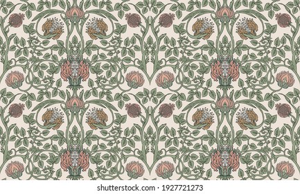 Floral vintage seamless pattern for retro wallpapers. Enchanted Vintage Flowers.  Arts and Crafts movement inspired. Design for wrapping paper, wallpaper, fabrics and fashion clothes.